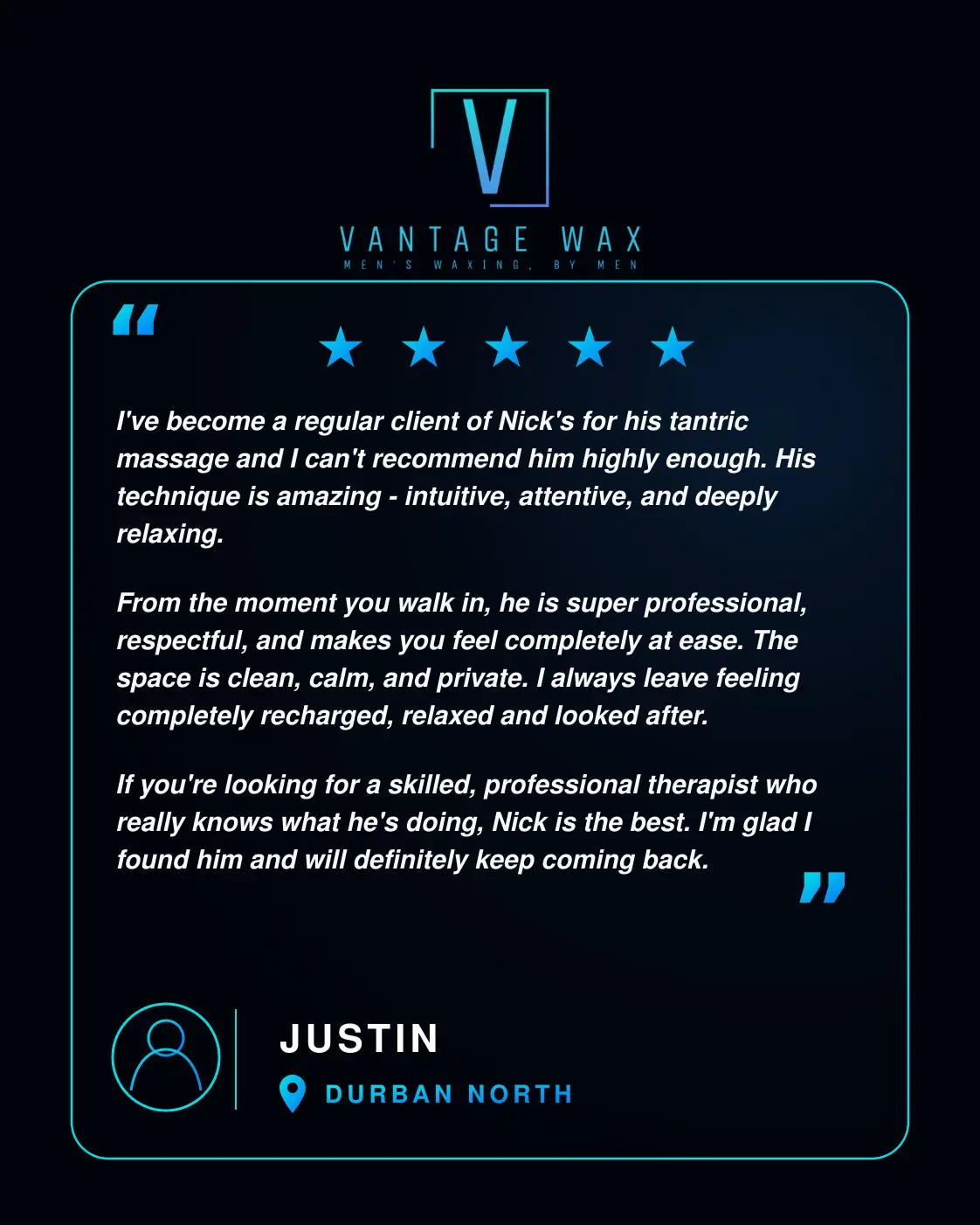Five-star client testimonial from Justin in Durban North