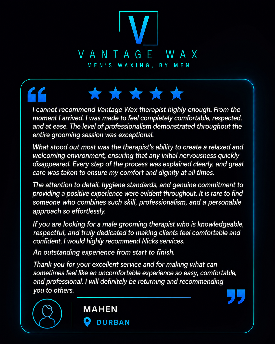 Five-star client testimonial from Mahen in Durban
