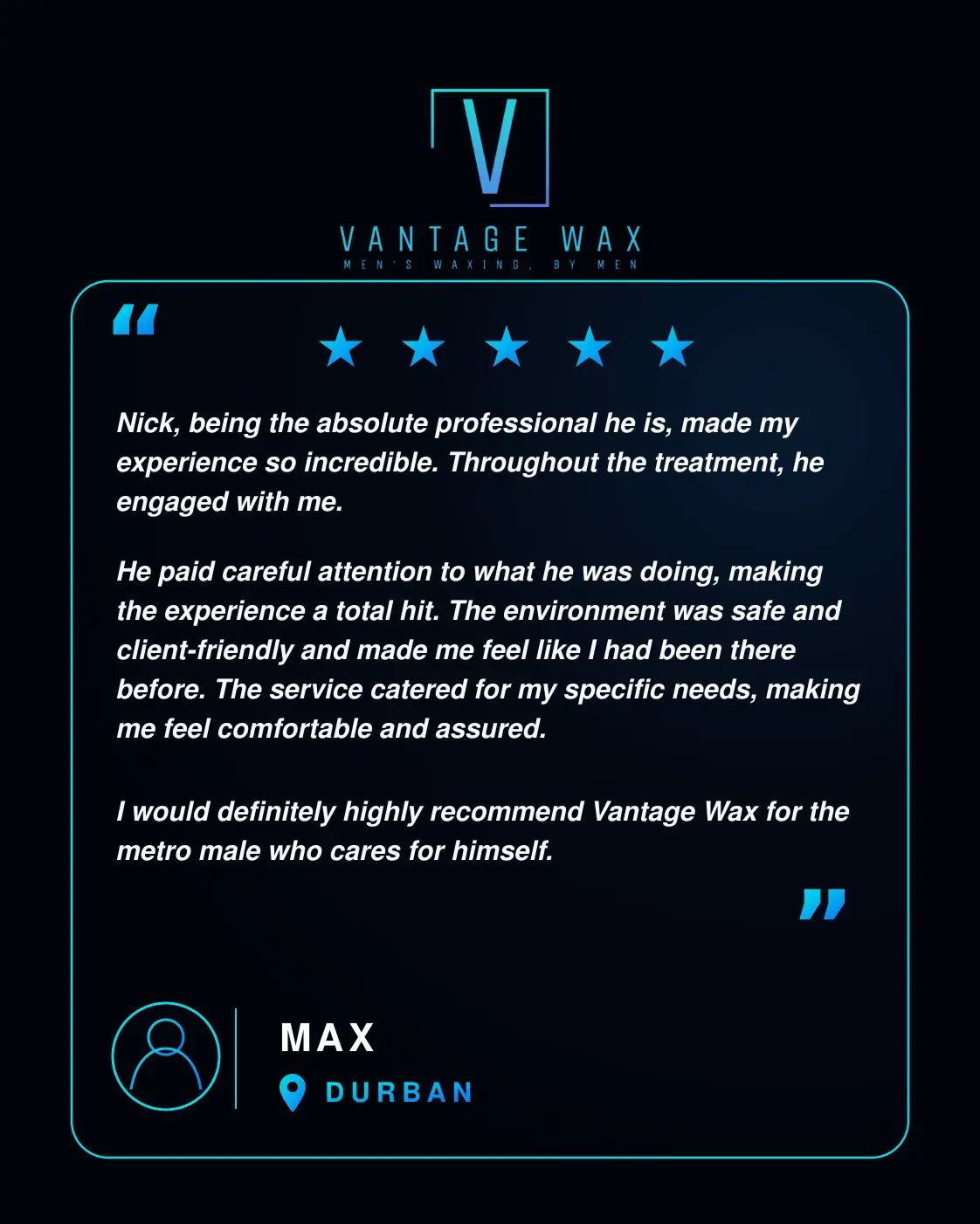 Five-star client testimonial from Max in Durban